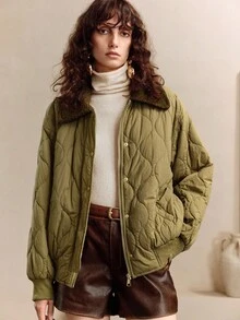 EMERY ROSE Mantel Berlapis Longgar dengan Kerah Warna Kontras, Gaya Inggris, Pakaian Musim Gugur/Dingin untuk Wanita - Hijau Tentara - View 4