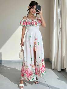 1 件 Tween 女童露肩花卉荷叶边短款上衣和花卉连体裤，优雅海滩度假风格，春夏 - 彩色 - 查看 1