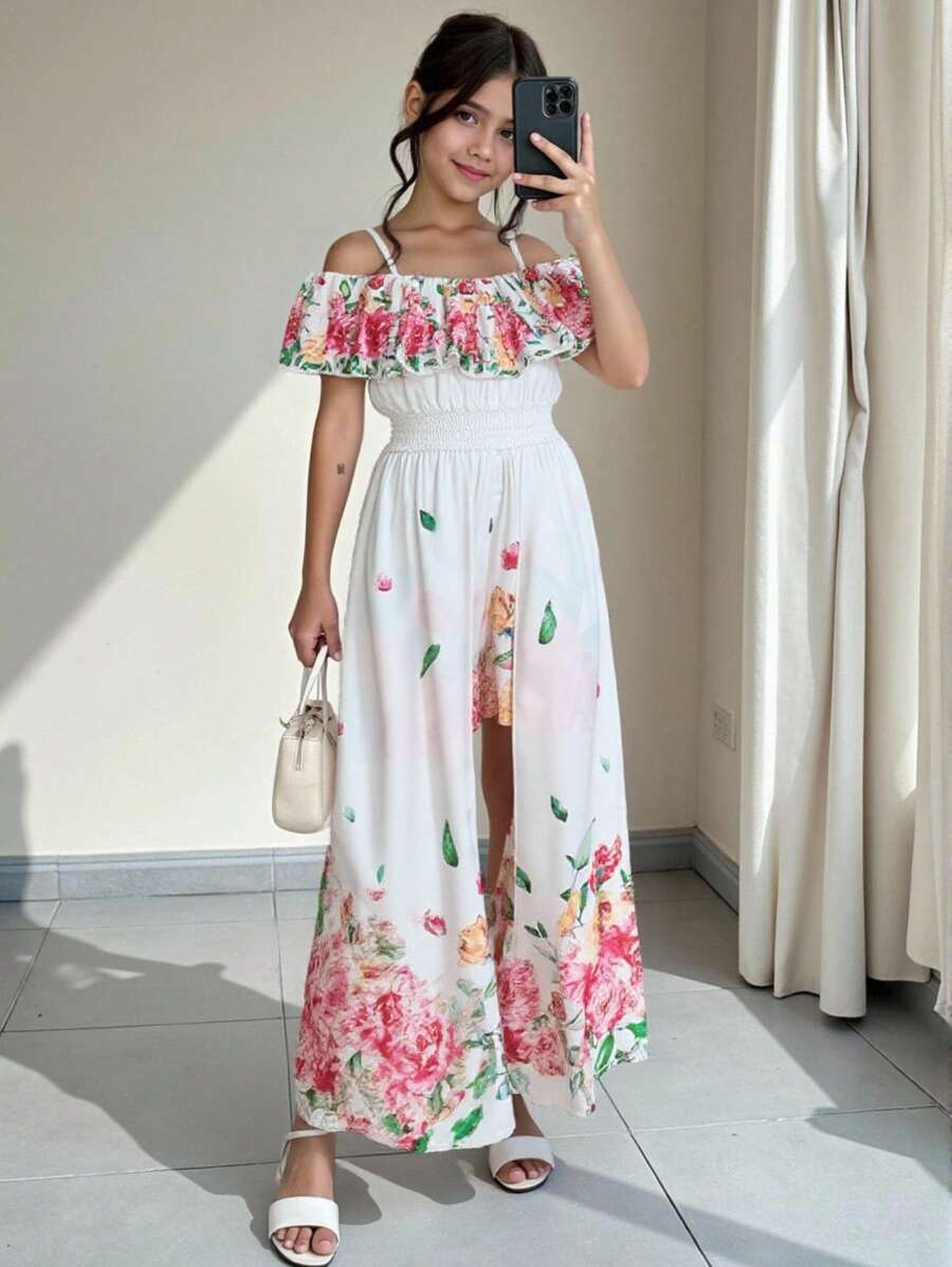 1 件 Tween 女童露肩花卉荷叶边短款上衣和花卉连体裤，优雅海滩度假风格，春夏 - 彩色 - 查看 1