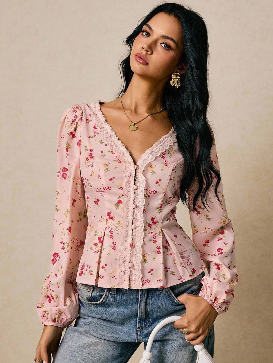 Poéselle 女士衬衫 纽扣门襟衬衫 碎花衬衫 长袖衬衫 女士优雅碎花长袖衬衫 秋季上衣 女士秋季服装 女士冬季服装 秋季外出上衣 纽扣衬衫 - 粉色 - 查看 1