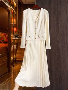 Franclia Gentle Elegant 2 In 1 Pleated A-Line Waist Dress Fall Cloth For Women - Apricot - View 1