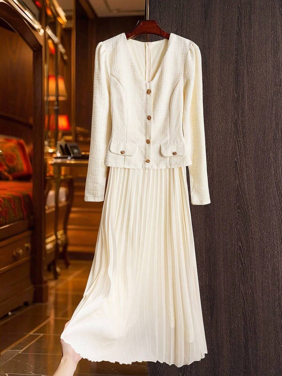 Franclia Gentle Elegant 2 In 1 Pleated A-Line Waist Dress Fall Cloth For Women - Apricot - View 1