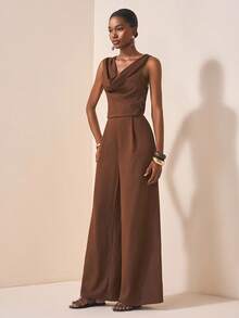 Zivah 2025 Autumn New Music Festival, Easter, St. Patrick's Day, Western, Nomadic, Birthday Party, Graduation, College Style, Student Wear, Daily Casual, All-Match Versatile, Leisure, Vacation, Cruise Travel, Beach, Sunbathing, Viral , Streetwear, Wedding Guest Boho, Commute, Brunch, Airport, Plunging Neckline Floral Metal Decor Sleeveless Brown Linen Textured Crinkle Fabric Wide Leg Jumpsuit