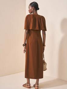 Zivah 2025 Autumn New Arrival Music Festival, Easter, St. Patrick's Day, Western Style, Nomadic Style, Birthday Party, Graduation Season, College Style, Student Wear, Daily Casual, Basic Versatile, Leisure, Vacation, Cruise Travel, Beach, Sunbathing, Viral , Streetwear, Wedding Guest Boho Style, Commuter Style, Brunch Outfit, Airport Outfit, Ruched Shoulder Cape Sleeve V-Neck Maxi Dress In Burgundy