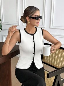 SHEIN Frenchy Chaleco de punto con ribete de contraste casual para mujer en otoño/invierno - Blanco - Ver 3