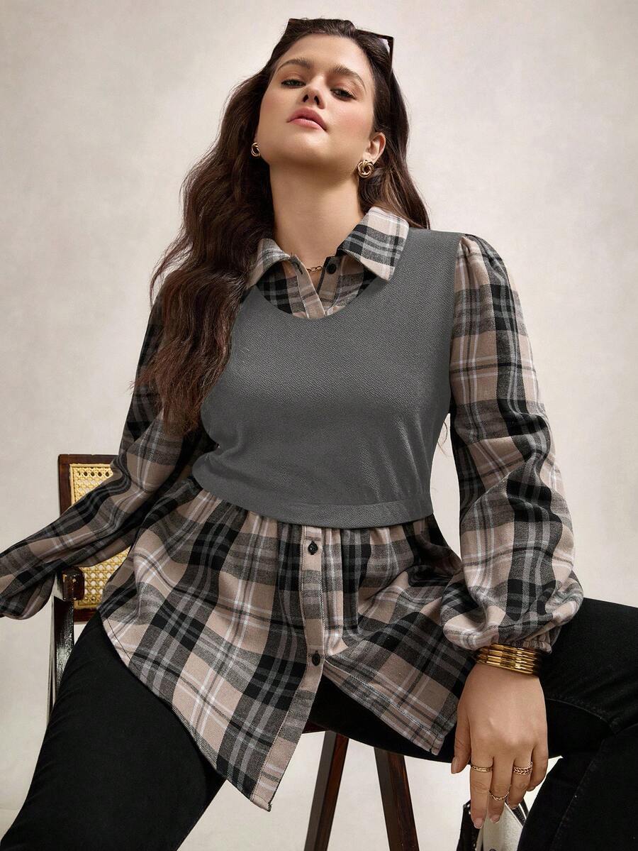 Zelara Plus Size Stand Collar Plaid Long Lantern Sleeve Knit Contrast Stitching Casual Casual Loose Blouse Shirts,Office Wear Women, Two Pieces In One With Button Decoration