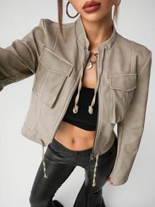 SHEIN ICON 秋冬女士修身PU皮革做旧复古性感夹克 - 白色 - 查看 1