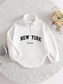 SHEIN 年轻女孩纯色蓬松刺绣立领半拉链休闲连帽衫 - 白色 - 查看 2