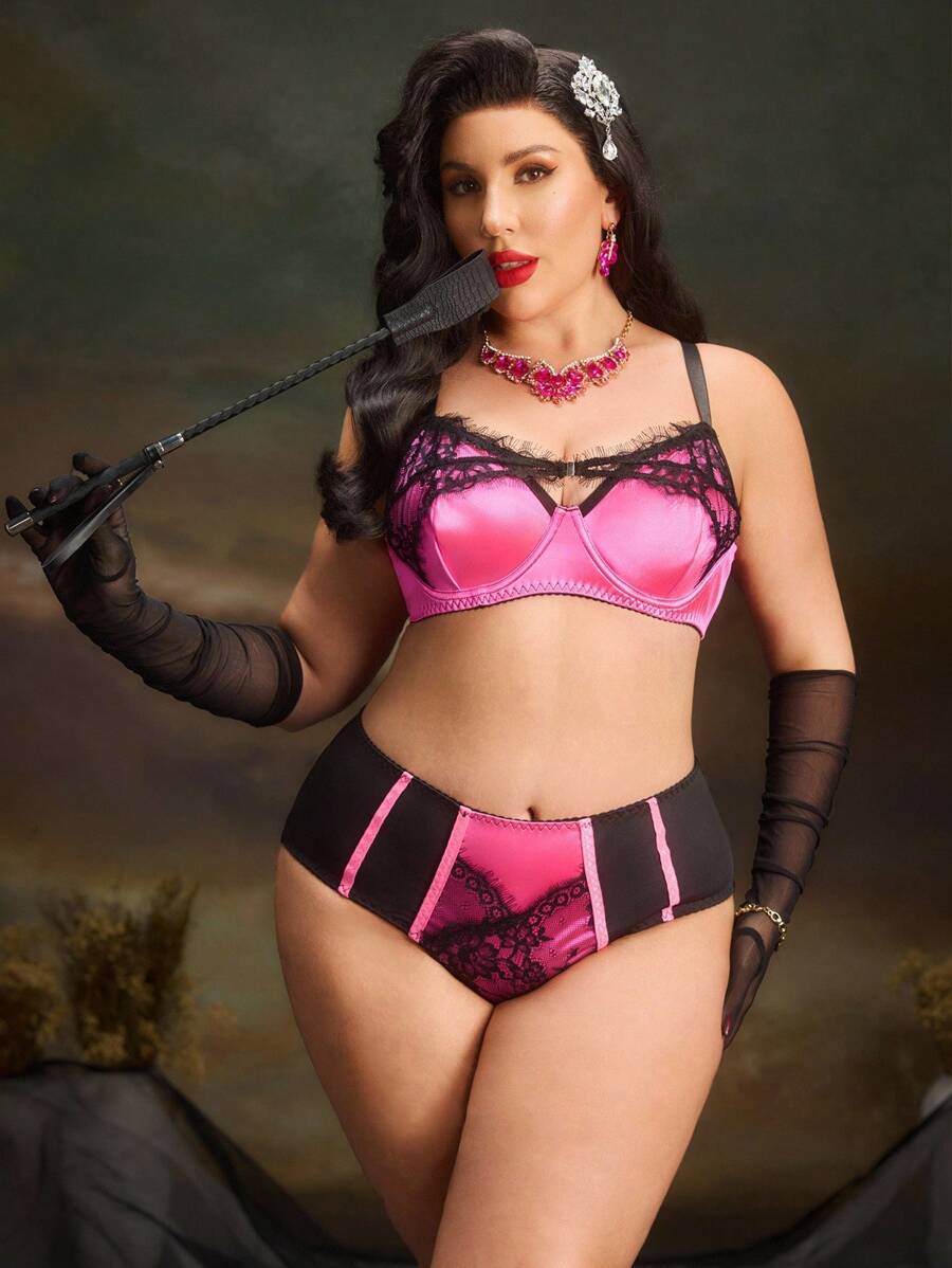 PinupPomp Plus Size Lace Patchwork Underwire Bra & Panty Set Vintage