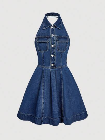 Sweetra 无袖牛仔纽扣连衣裙
