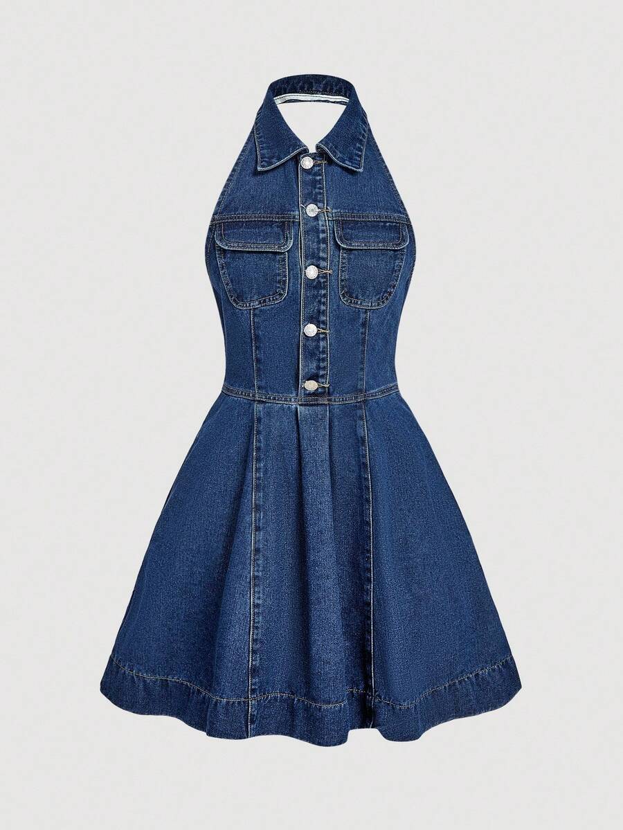 Sweetra 无袖牛仔纽扣连衣裙 - 深色水洗藍 - 查看 1