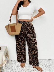 SHEIN Frenchy Ropa de mujer talla grande, nueva ropa casual de primavera/verano para mujer, ropa de playa, moda del Día de San Valentín, elegante para ir al trabajo, pantalones anchos de estampado de leopardo elegantes con bolsillos, vuelta al colegio