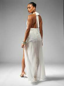 MISSGUIDED Evening Maxi Dress With Plunging Neckline Halter Ruched Chiffon Design Wedding Summer Resort Beach Destination Vacation Gown Party Formal Prom - White - View 2