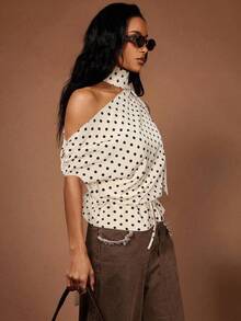 COSMINA 女士优雅露背圆点印花无袖四季上衣圆点上衣单肩衬衫四季，女士外出上衣，波西米亚风女装，可爱