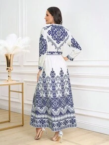 Ellevyn Women's Elegant Vintage Print Belted Shirt Dress