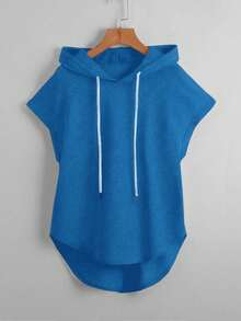 StreetHx Drawstring Hooded Batwing Sleeve T-Shirt With Curved Hem - Blue - View 1