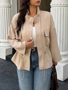 SHEIN LUNE Plus Size Women's Solid Color Drop Shoulder Long Sleeve Drawstring Waist Casual Jacket Fall Winter Cloth For Women Autumn - Khaki - View 4