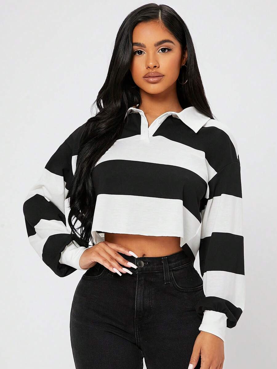 SHEIN PETITE Half Button Colourblock Drop Shoulder Crop Tee - Black and White - View 1
