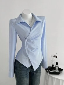 Elamini 女士时尚条纹围裹式系带领修身长袖衬衫 - 藍色 - 查看 1