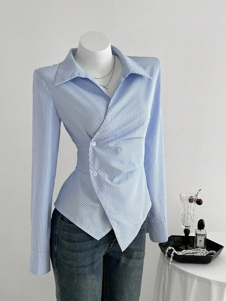 Elamini 女士时尚条纹围裹式系带领修身长袖衬衫 - 藍色 - 查看 1