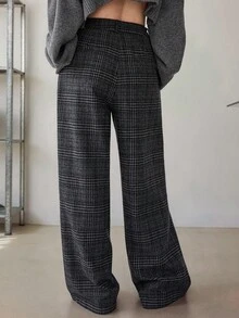 Dazy-Less 女士宽松格子直筒休闲裤，适合商务、办公室、通勤、秋冬季女士正装裤 - 深灰色 - 查看 6