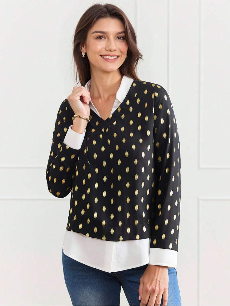 Country Concert Women's 2 In 1 Splicing Long Sleeve Simple Shirt, Casual Everyday Wear