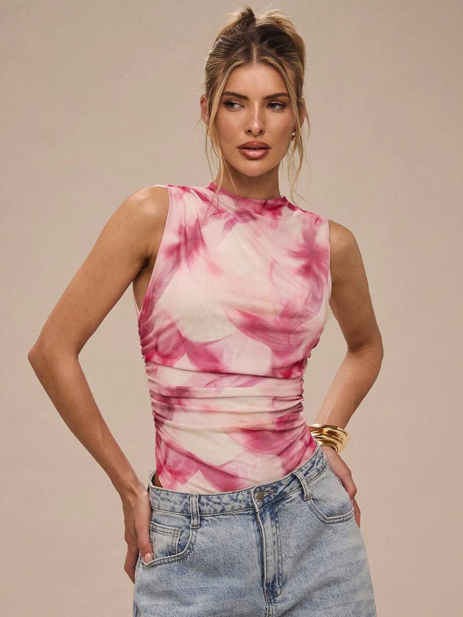 SHEIN BAE 女士花卉印花紧身衣，优雅紧身衣，休闲紧身衣，秋季 - 彩色 - 查看 1