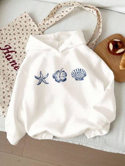 SHEIN Vintage Tenue de plage décontractée, Motif étoile de mer et hibiscus bleu, Sweat-shirt-shirt graphique pour préadolescentes, Pull épais et chaud pour l'automne/l'hiver, Vibrations de vacances, Miami Girl, Détente, Tenues d'automne pour un confort facile, Couches d'automne pour les filles, Préadolescente stylée, Tenue décontractée, Sweat-shirt-shirt graphique, Vêtements d'automne