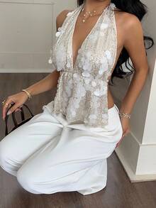 SHEIN Frenchy Áo hở lưng gợi cảm đính sequin dành cho nữ, thích hợp cho kỳ nghỉ nhiệt đới, lễ hội, bãi biển, phong cách boho, dễ thương, công sở, đi làm, màu mơ thanh lịch, đi chơi. - Màu be - Xem 5