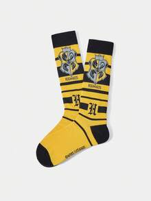 HARRY POTTER X SHEIN 1 Pair Women's Comfortable Contrast Color School Badge Pattern Calf Socks - Yellow - View 3