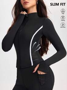 SHEIN Sports Women's Lightweight Jacket With Stand Collar, Full Zip, Thumb Holes, Side Mesh Panels And Contrast Stripes, Fashion Sports Jacket Suitable For Casual Wear, Running, Yoga, Gym Women Workout Jacket Zip Up Workout Jacket Black Workout Jacket Gym Jacket Athletic Jacket