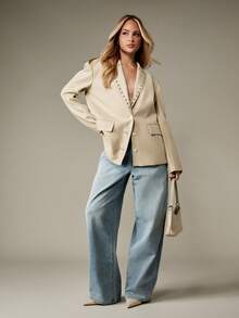 MISSGUIDED 铆钉翻领超大西装外套高级专业办公室服装春秋季商务休闲工作服个性西装外套带侧袋派对晚会 - 灰色 - 查看 3