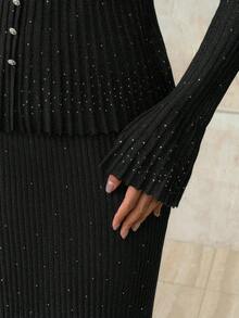 Aveloria 女士 V 领长袖单排扣水钻褶边毛衣秋季女装秋季女装秋季秋装针织套头衫秋冬