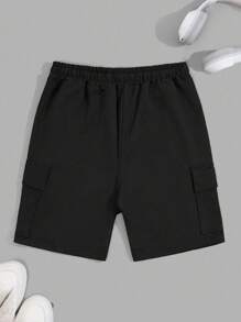 RueChic Men Cottonline Patched Cargo Pockets Drawstring Regular Short - Black - View 2