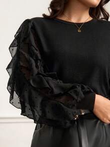 Chikora 大码女式圆领针织拼布雪纺镂空袖毛衣，经典时尚款式，适合日常穿着 - 黑色 - 查看 7