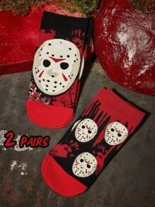 WB Horror X SHEIN 2 Pairs Men&Women Soft&Breathable Moisture-Wicking Casual Ankle Socks With Pattern Fashionable And Cute Black&Red Short Socks Reinforced Toe & Heel For Durabiliy Unisex For Men & Women All Season All-Match Summer Winter - Multicolor - View 2