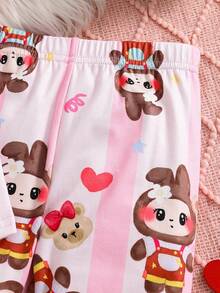 SHEIN 两件套女童针织可爱图案圆领T恤和紧身打底裤睡衣套装 女童睡衣套装 女童睡衣 女童睡衣套装 - 粉色 - 查看 7