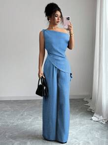 Elenzga Summer New Korean 2 Pieces Set For Women, Suitable For Travel And Photography, Featuring Gorgeous Deep Sea Blue Asymmetric Shoulder Top And High-Waisted Casual Pants