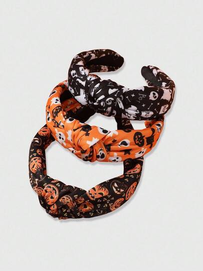 Grunge Punk 3pcs Cartoon Cute Ghost & Pumpkin Print Women Twist Headband, Comfortable For Halloween Party Decor, Daily Use