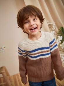 Loomiva Kleine Jungen Farbblock Rundhals Langarm Pullover, vielseitig & bequem - Aprikosenfarben - Übersicht 3