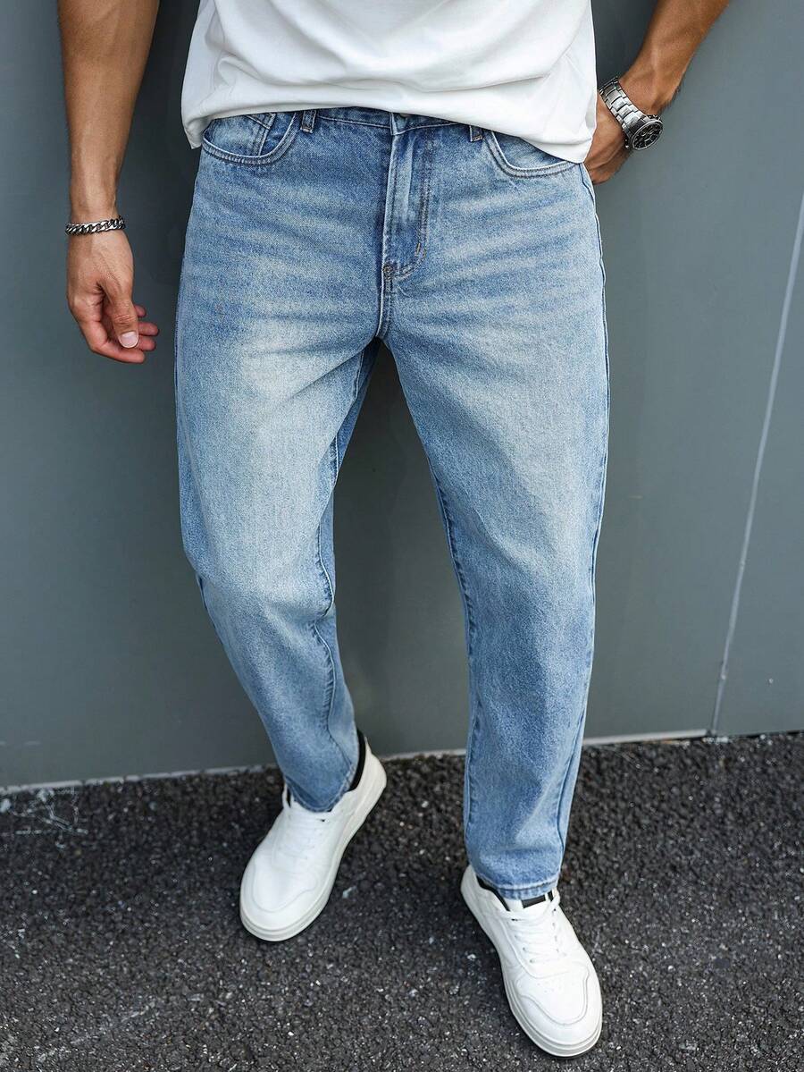 Manfinity Homme 男士休闲复古蓝色牛仔裤 - 中等水洗藍 - 查看 1