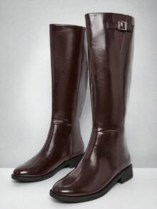 Solezae 女式舒适厚底及膝长靴，带可调节扣 - 巧克力棕 - 查看 4