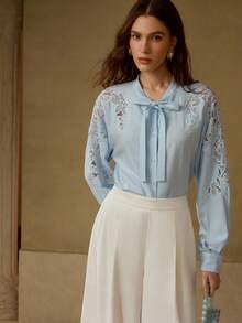 MOTF PREMIUM Áo blouse ren tương phản bằng vải lanh - Màu xanh nhạt - Xem 6