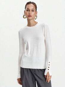 Lumivelle Old Money Fall Clothes Prefall Sweater All-Match Round Neck Casual Versatile Long Sleeve Knit Undershirt Women White Sweater - Beige - View 3