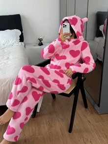 Eraneu Heart Print Hooded Long Sleeve Plush Fluffy Pajama Jumpsuit, Fall Winter, Cozy - Pink - View 2