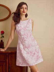 Vintamour 复古优雅女士短款连衣裙，春夏修身提花连衣裙，蓝色无袖直筒连衣裙 - 淺粉色 - 查看 3