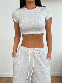 SHEIN PETITE 女士休闲纯色短款 T 恤和裤子两件套，夏季 - 灰色 - 查看 6