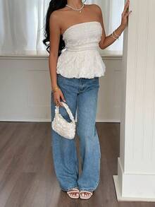 Serisse Women's Floral Ruched Hem Bandeau Crop Top Summer Casual - Beige - View 7