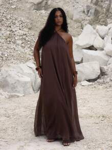 MUSERA Vestido maxi con cuello halter y vuelo, lindo, elegante y sexy para ocasiones de vacaciones, fiestas y eventos - Marrón - Ver 1