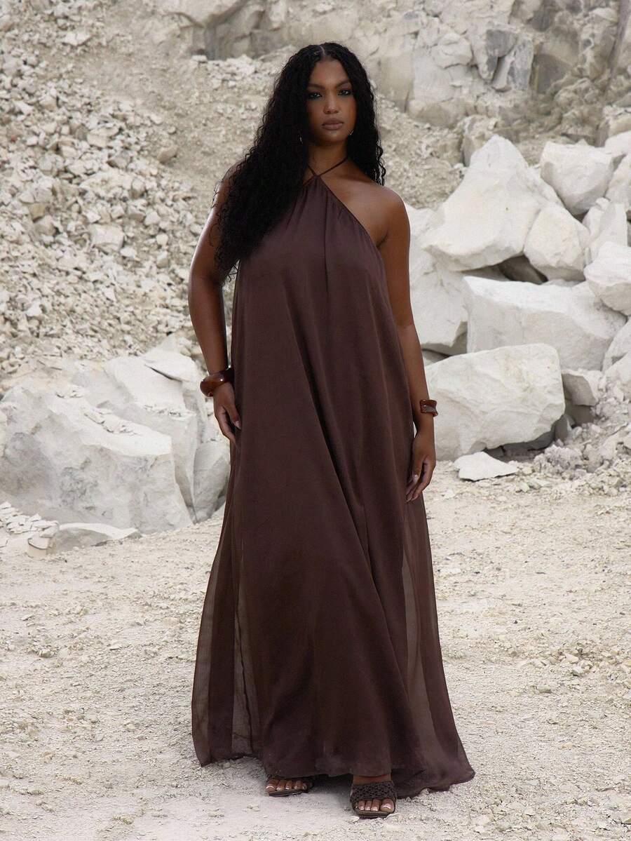 MUSERA Vestido maxi con cuello halter y vuelo, lindo, elegante y sexy para ocasiones de vacaciones, fiestas y eventos - Marrón - Ver 1